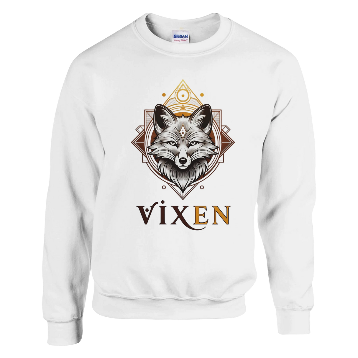 White sweatshirt with a graphic of a vixen fox on a white background