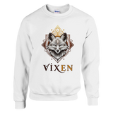 White sweatshirt with a graphic of a vixen fox on a white background