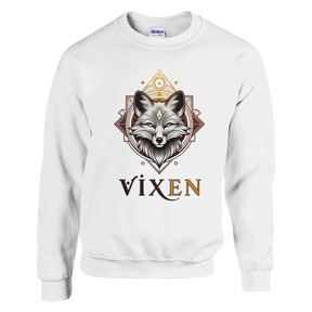 White sweatshirt with a graphic of a vixen fox on a white background