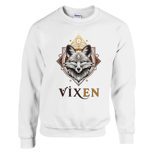 White sweatshirt with a graphic of a vixen fox on a white background