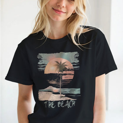 Close-up detail of distressed palm tree and sunset illustration – soft cotton fabric worn by a young girl