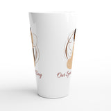 A tall white tapered pint glass featuring a minimalist graphic of a woman's face in tan and brown with red script text, shown on a clean white background.