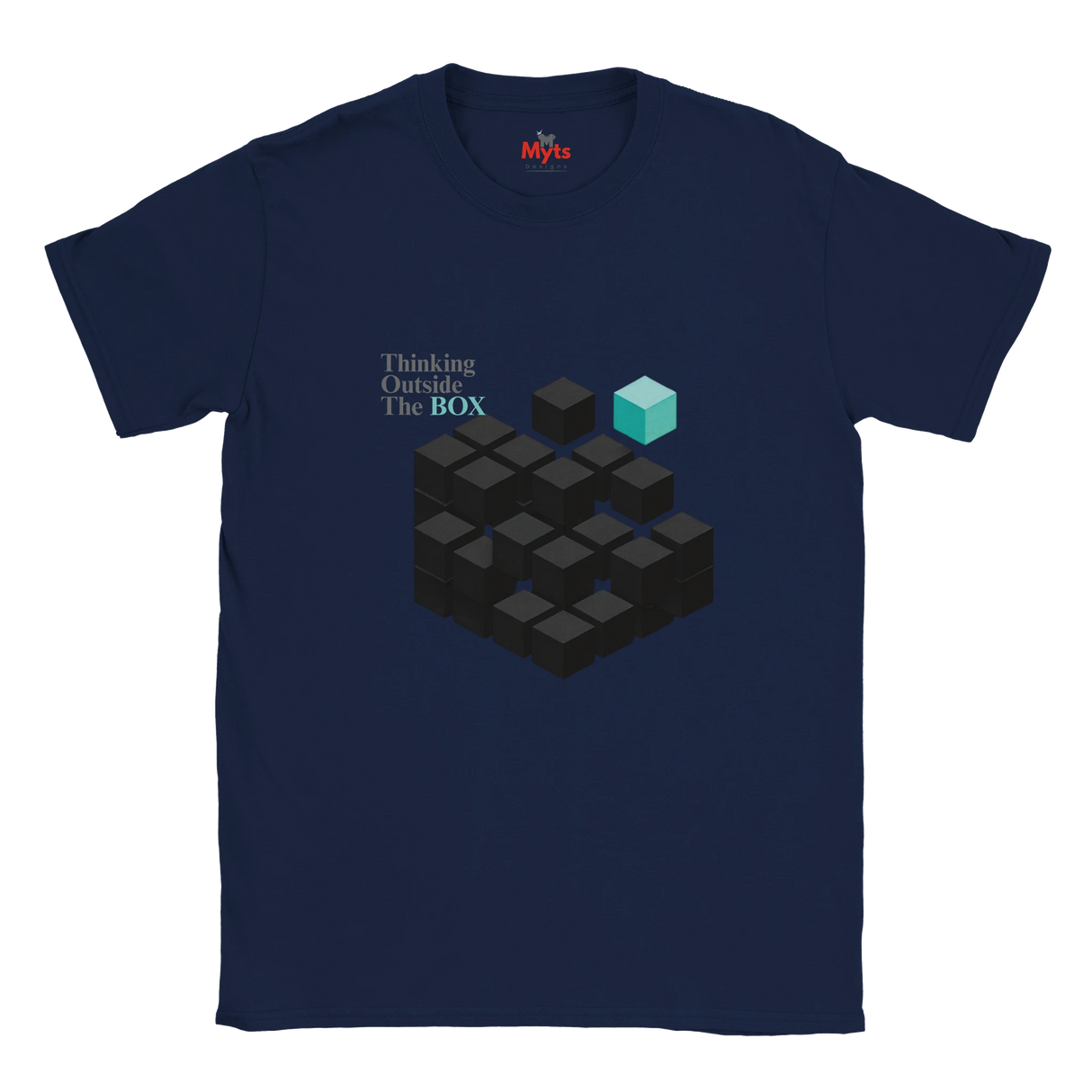 Navy blue t-shirt with geometric design and text 'Thinking Outside The Box' on a white background
