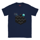 Navy blue t-shirt with geometric design and text 'Thinking Outside The Box' on a white background