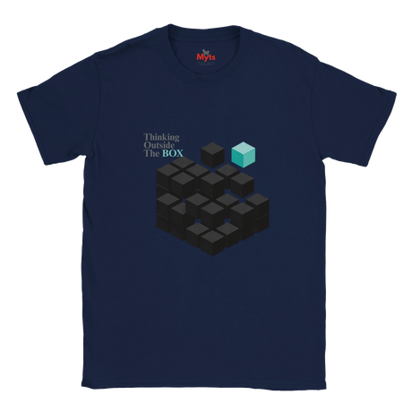 Navy blue t-shirt with geometric design and text 'Thinking Outside The Box' on a white background