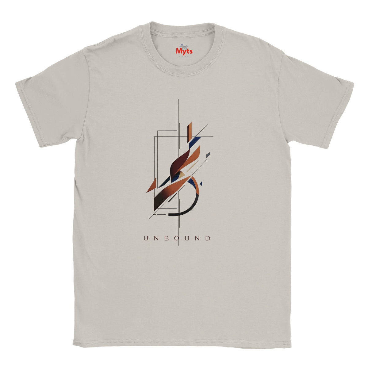 A Ice Grey crewneck t-shirt with a central abstract graphic featuring geometric shapes and the word 'UNBOUND' printed below, on a solid white background.