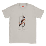 A Ice Grey crewneck t-shirt with a central abstract graphic featuring geometric shapes and the word 'UNBOUND' printed below, on a solid white background.