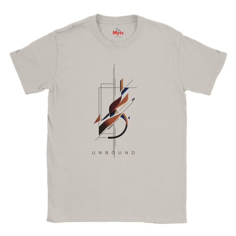 A Ice Grey crewneck t-shirt with a central abstract graphic featuring geometric shapes and the word 'UNBOUND' printed below, on a solid white background.