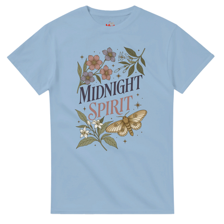 A light blue crewneck t-shirt featuring a 'Midnight Spirit' graphic print with a moth, flowers, and leaves on a solid white background.