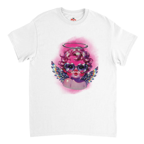 White t-shirt with a colorful angel design on a white background