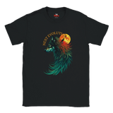 A black short-sleeve crewneck t-shirt featuring a colorful graphic of a wolf with teal, red, and orange tones in front of a full moon, with the text 'NEXT EVOLUTION' arched above it. The brand logo 'MVP's' is visible on the inner neck label.