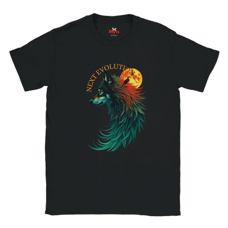 A black short-sleeve crewneck t-shirt featuring a colorful graphic of a wolf with teal, red, and orange tones in front of a full moon, with the text 'NEXT EVOLUTION' arched above it. The brand logo 'MVP's' is visible on the inner neck label.