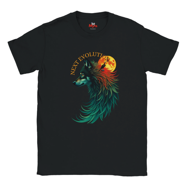A black short-sleeve crewneck t-shirt featuring a colorful graphic of a wolf with teal, red, and orange tones in front of a full moon, with the text 'NEXT EVOLUTION' arched above it. The brand logo 'MVP's' is visible on the inner neck label.