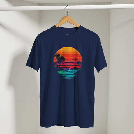 Navy blue t-shirt with a colorful sunset design on a hanger against a white wall.