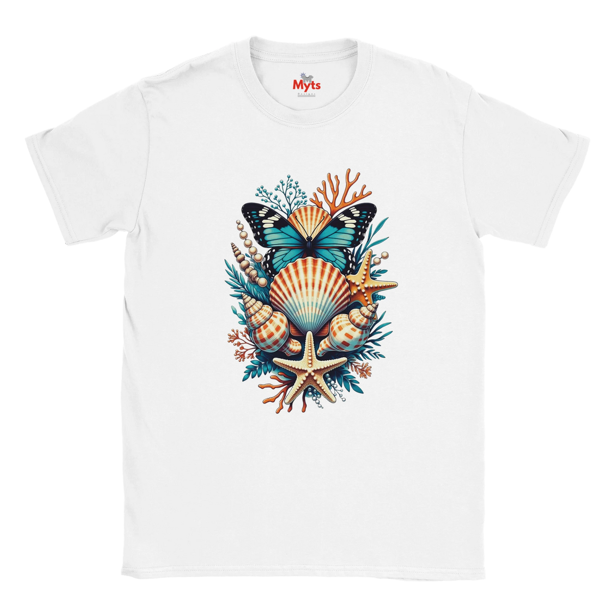 A white short-sleeve crewneck t-shirt featuring a colorful graphic print of an ocean shell and butterfly arrangement on the chest. The graphic includes a blue and black butterfly, a striped orange and beige seashell, a beige starfish, and teal and orange coral details.