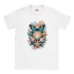 A white short-sleeve crewneck t-shirt featuring a colorful graphic print of an ocean shell and butterfly arrangement on the chest. The graphic includes a blue and black butterfly, a striped orange and beige seashell, a beige starfish, and teal and orange coral details.