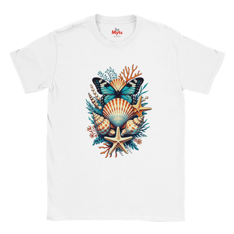 A white short-sleeve crewneck t-shirt featuring a colorful graphic print of an ocean shell and butterfly arrangement on the chest. The graphic includes a blue and black butterfly, a striped orange and beige seashell, a beige starfish, and teal and orange coral details.