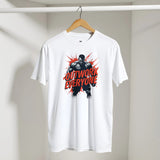 White t-shirt with 'Outwork Everyone' graphic on a hanger against a white wall.