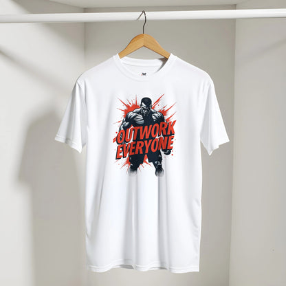 White t-shirt with 'Outwork Everyone' graphic on a hanger against a white wall.