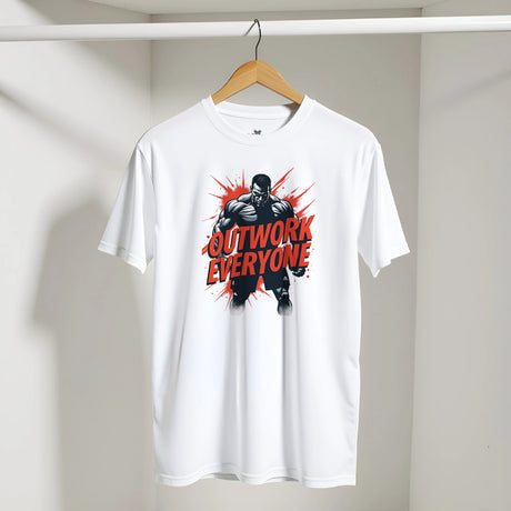 White t-shirt with 'Outwork Everyone' graphic on a hanger against a white wall.