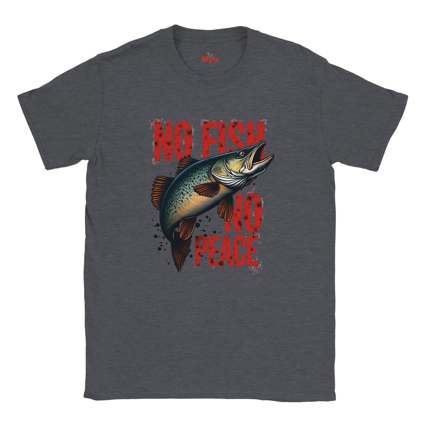 Dark Heather t-shirt with a fish graphic and 'No Fish No Peace' text on a white background