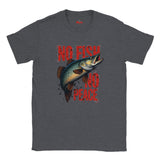 Dark Heather t-shirt with a fish graphic and 'No Fish No Peace' text on a white background