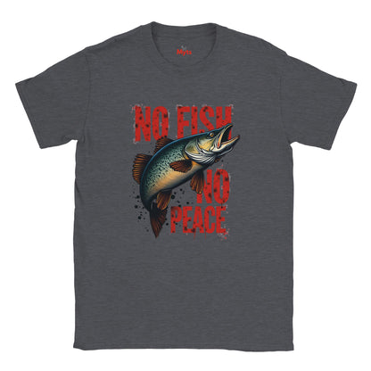Dark Heather t-shirt with a fish graphic and 'No Fish No Peace' text on a white background