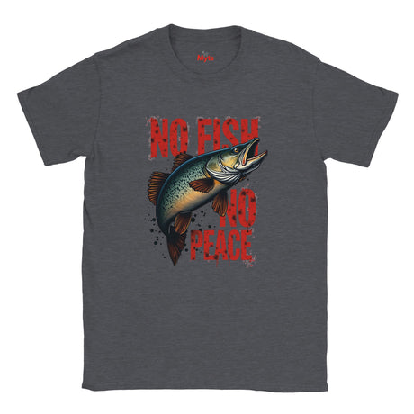 Dark Heather t-shirt with a fish graphic and 'No Fish No Peace' text on a white background