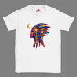 Front view of American Indian Moon T-shirt featuring colorful tribal moon vector art on white cotton tee