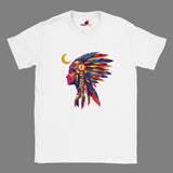 Front view of American Indian Moon T-shirt featuring colorful tribal moon vector art on white cotton tee