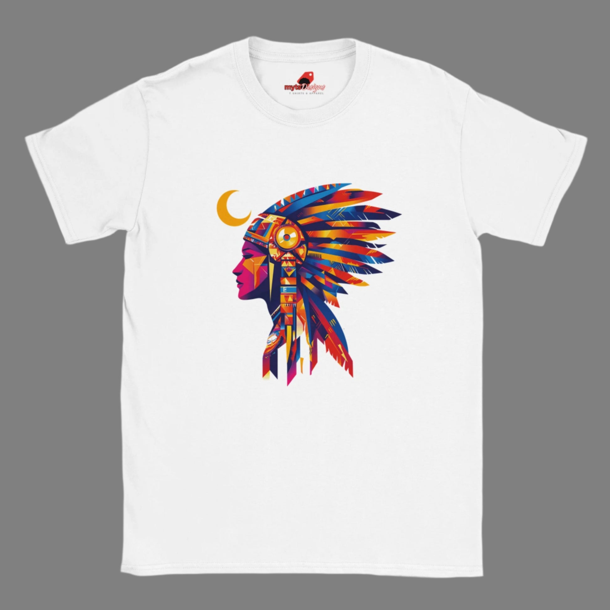 Front view of American Indian Moon T-shirt featuring colorful tribal moon vector art on white cotton tee