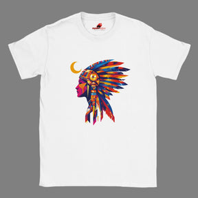 Front view of American Indian Moon T-shirt featuring colorful tribal moon vector art on white cotton tee