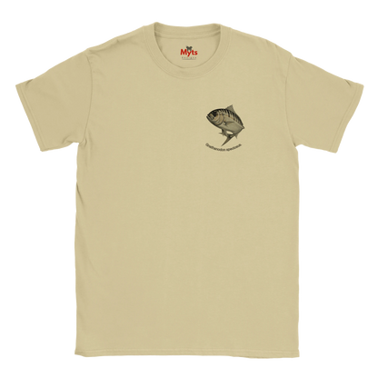 Natural t-shirt with a fish graphic and 'Myts' logo on a white background