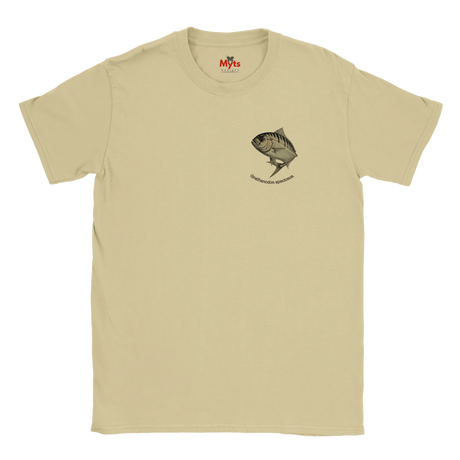 Natural t-shirt with a fish graphic and 'Myts' logo on a white background
