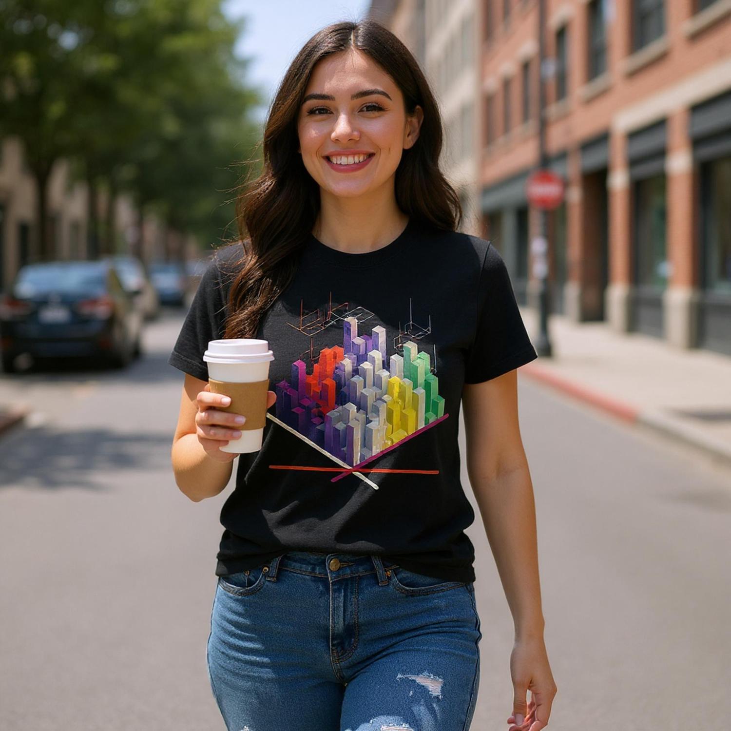 Woman walking on a street holding a coffee cup, wearing a black t-shirt with a colorful graphic design.