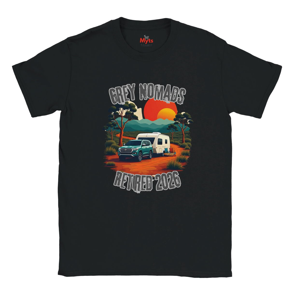 A black short-sleeve t-shirt with a retro-style graphic on the front showing a grey pickup truck and camper van camping under a sunset, with the text 'GREY NOMADS RETIRED 2026'.