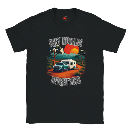 A black short-sleeve t-shirt with a retro-style graphic on the front showing a grey pickup truck and camper van camping under a sunset, with the text 'GREY NOMADS RETIRED 2026'.