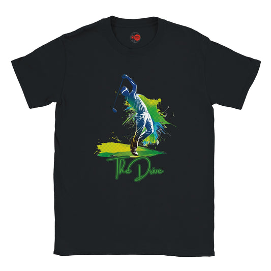 Black t-shirt with a graphic of a person diving and the text 'The Dive' on a white background
