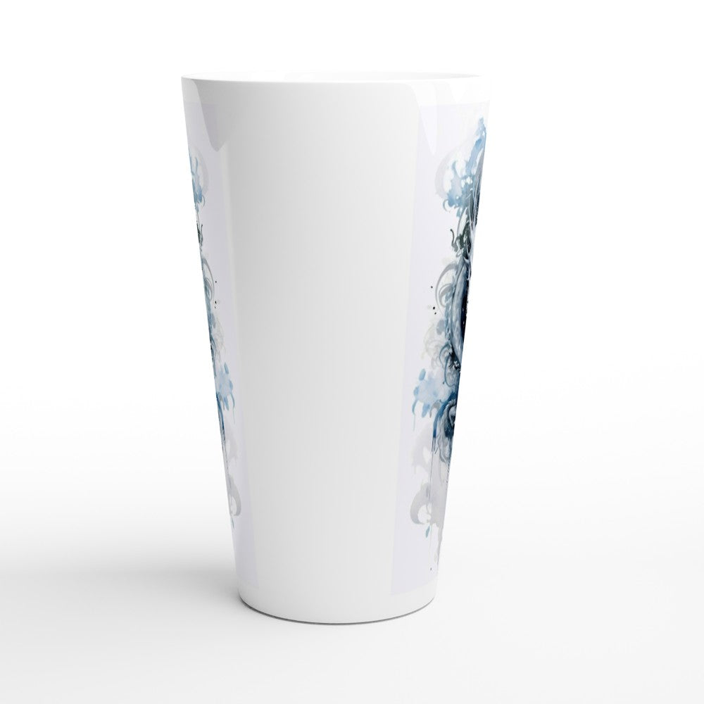 A white tapered pint glass featuring an abstract blue and gray watercolor-style print on the sides, shown against a plain white background.