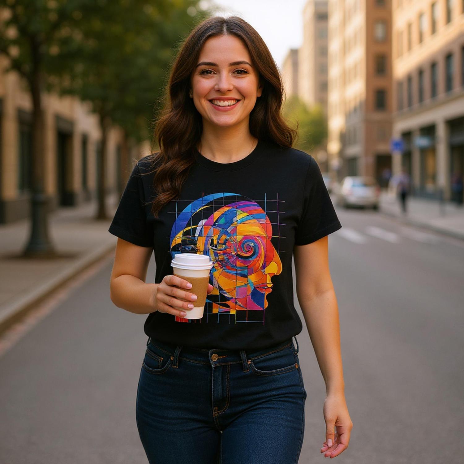 Woman wearing a black t-shirt with a colorful graphic design, holding a coffee cup on a city street.