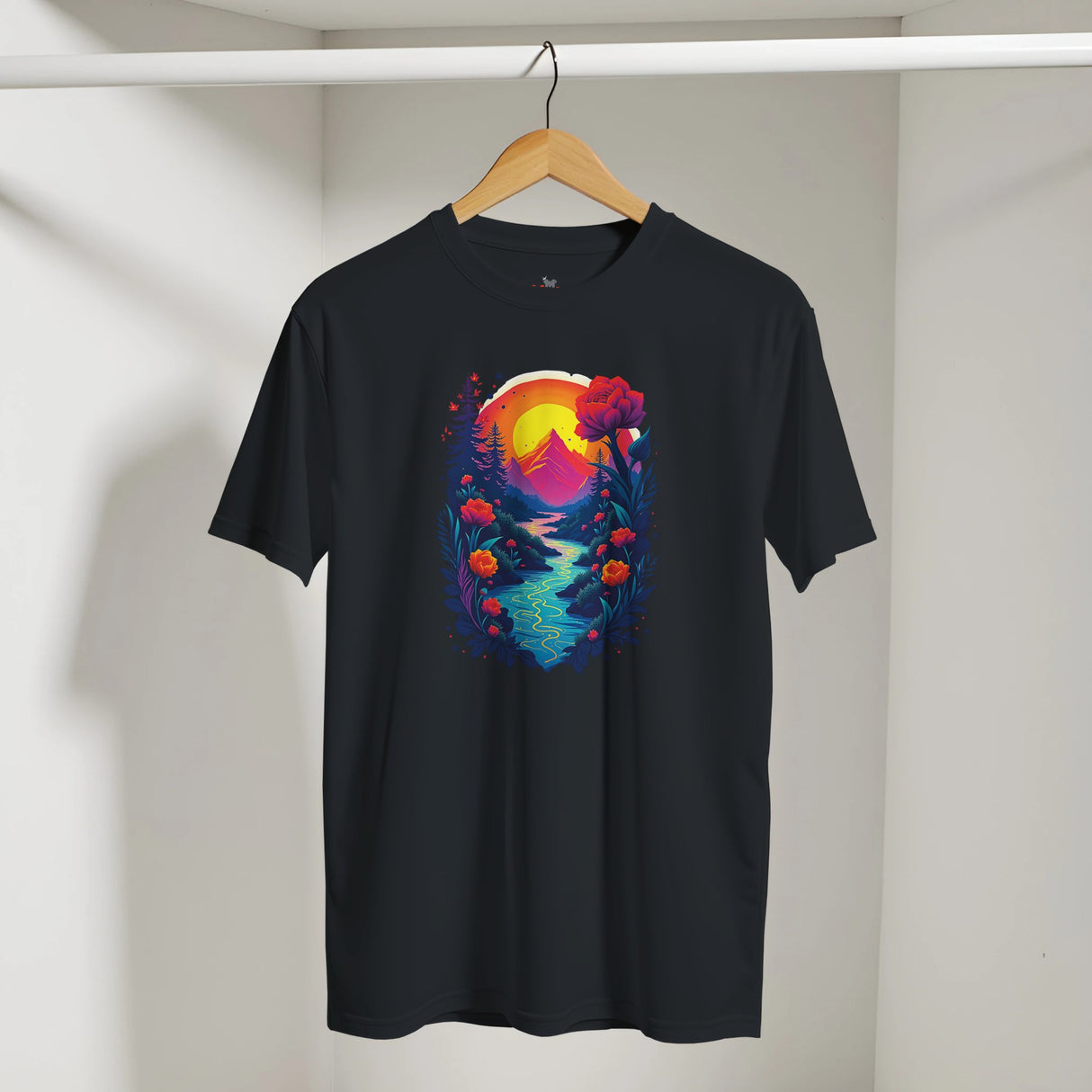Black t-shirt with a colorful nature graphic on a hanger against a white wall.