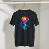 Black t-shirt with a colorful nature graphic on a hanger against a white wall.