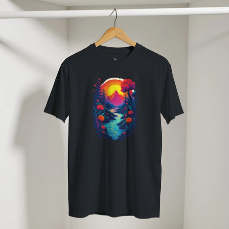 Black t-shirt with a colorful nature graphic on a hanger against a white wall.