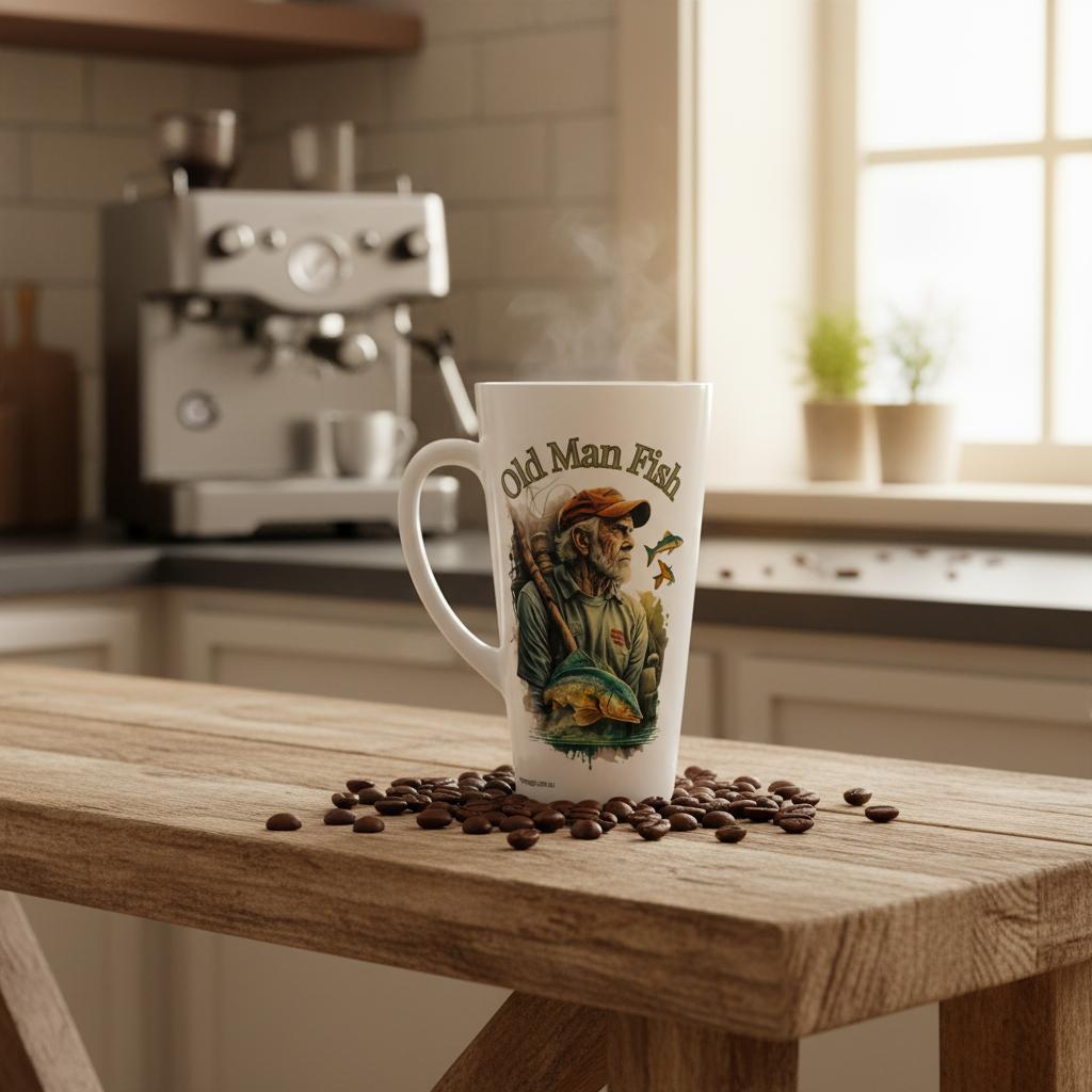 A white ceramic mug with a vintage-style 'Old Man Fish' illustration sits on a rustic wooden table scattered with coffee beans, with a blurred kitchen background featuring an espresso machine and a window.