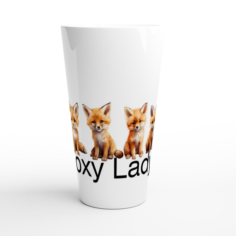 A white ceramic pint glass featuring a graphic print of four orange foxes sitting in a row, with the text 'sexy lady' printed in black below them.