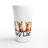 A white ceramic pint glass featuring a graphic print of four orange foxes sitting in a row, with the text 'sexy lady' printed in black below them.