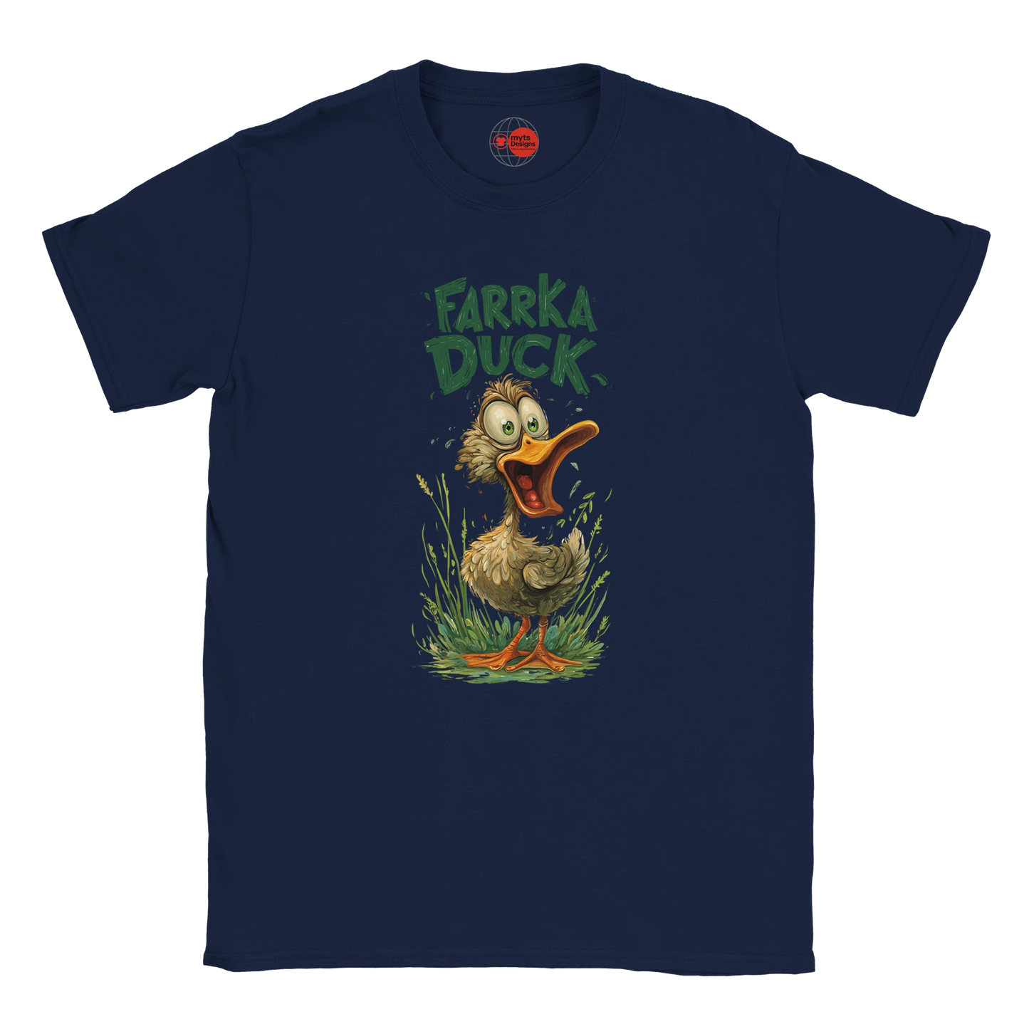 Navy blue t-shirt with 'Farrka Duck' graphic design on a white background