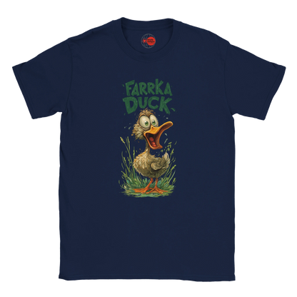 Navy blue t-shirt with 'Farrka Duck' graphic design on a white background