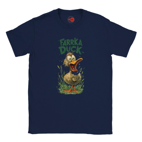Navy blue t-shirt with 'Farrka Duck' graphic design on a white background