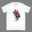 A white t-shirt with a vibrant geometric design featuring multicolored fish and aquatic patterns.
